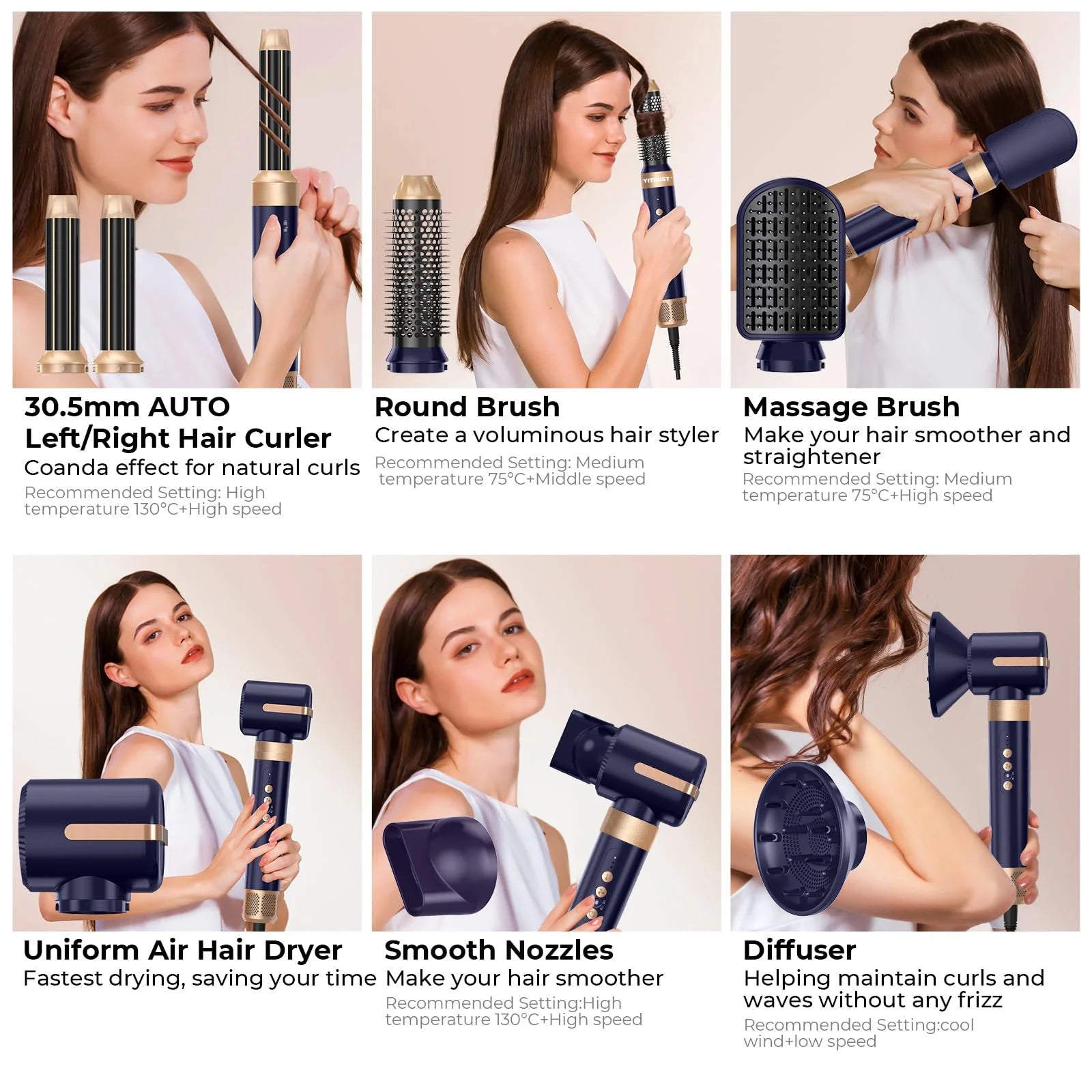 High Speed 7 In 1 Hair Dryer Brush with Diffuser - Smarsty