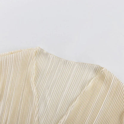 2024 Women Pleated Plain Shirts Spring Fall Chic Long Flare Sleeve V- Neck Tie Up Cardigans Tops for Casual Party Street - Smarsty