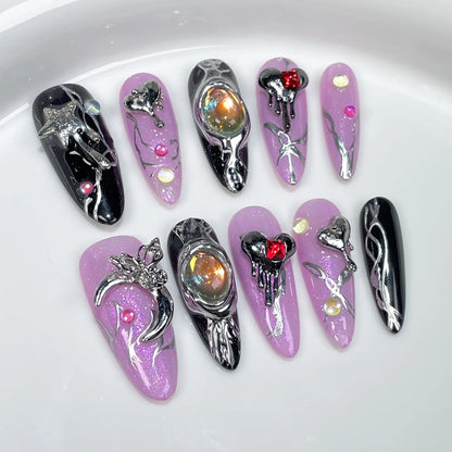 Dark Black Stiletto Press On Nails with Butterfly Design - Smarsty