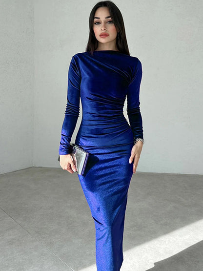 Dulzura 2024 Spring Summer Velvet Long Sleeve Midi Dress For Women Ruched Long Dress Elegant Party Clothes Evening Green Outfits - Smarsty