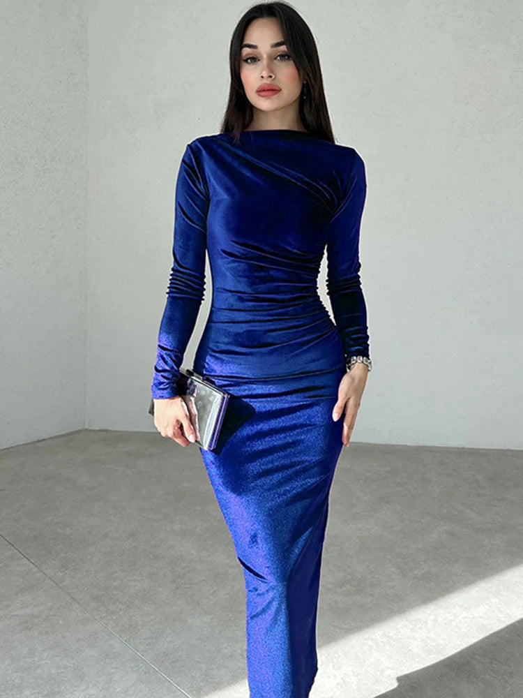 Dulzura 2024 Spring Summer Velvet Long Sleeve Midi Dress For Women Ruched Long Dress Elegant Party Clothes Evening Green Outfits - Smarsty