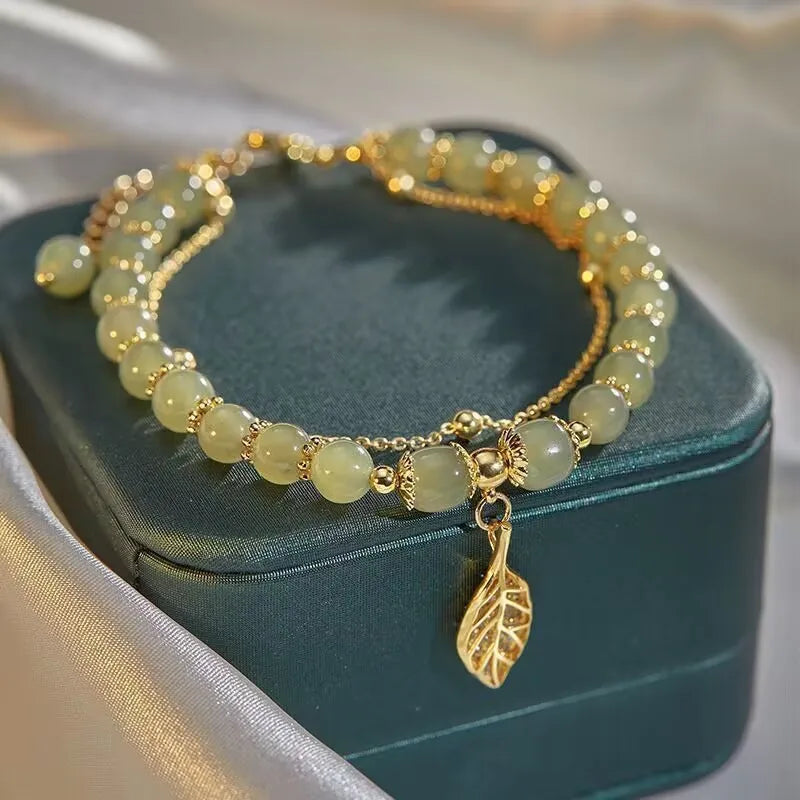 Exquisite Green Jade Bracelet for Women with Gold Leaves - Smarsty
