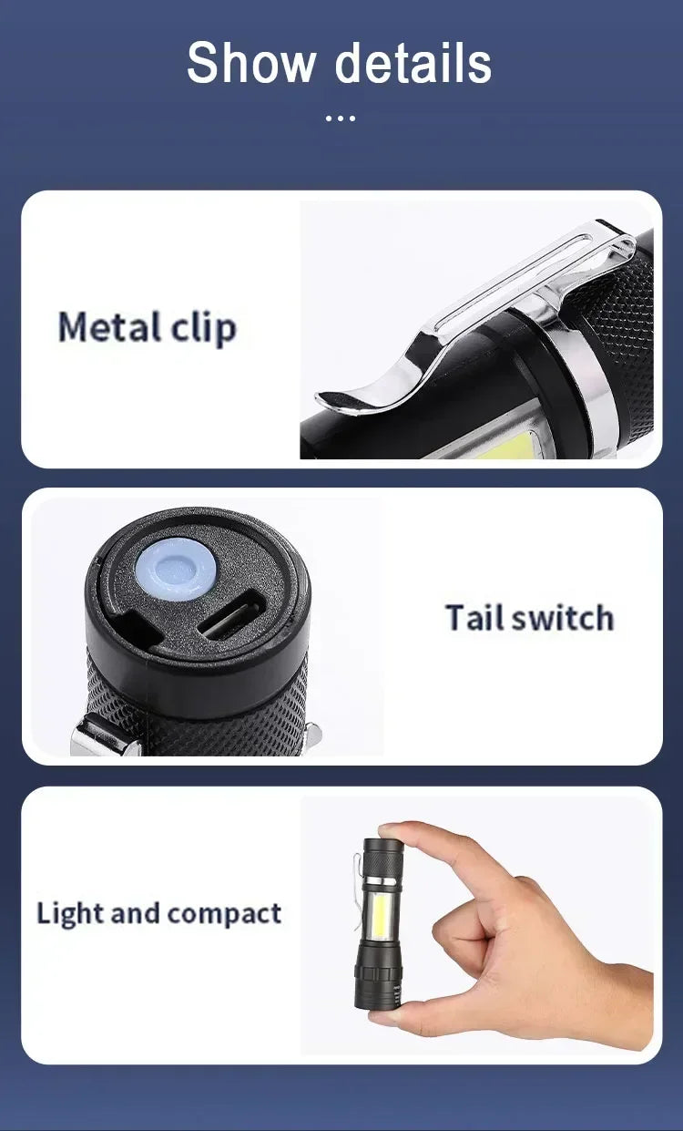 Portable Rechargeable LED Flashlight with Pen Clip Zoomable Waterproof Torch with Side Light Outdoor Camping Emergency Lantern - Smarsty