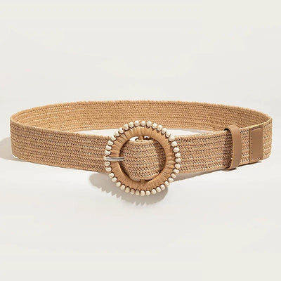 Women Boho Straw Belt with Round Buckle for Beach - Smarsty