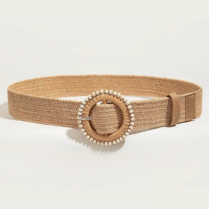 Women Boho Straw Belt with Round Buckle for Beach - Smarsty