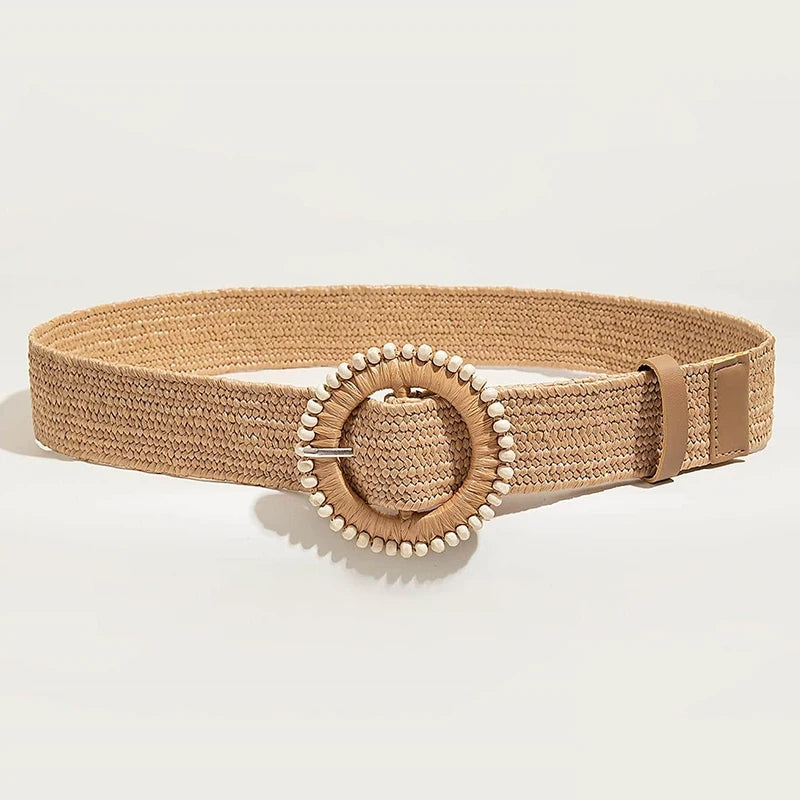 Women Boho Straw Belt with Round Buckle for Beach - Smarsty