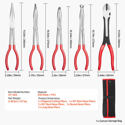 SucceBuy 5-Piece Needle Nose Pliers 11 in Long Needle Nose Pliers Set Diagonal Cutting Pliers 45°/90° Bent Round Nose Plier