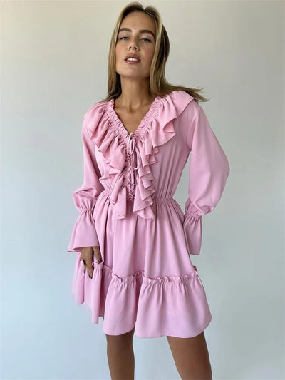 Talenza White Ruffle Bandage Mini Dress Women's Elegant Patchwork Long Sleeve Dress New Slim V Neck Lace Up Summer Mini Dress - Smarsty
