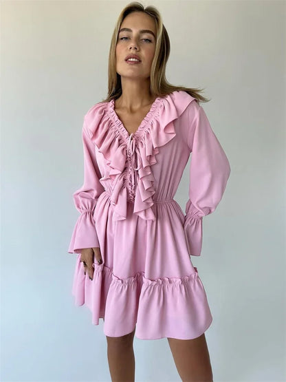 Talenza White Ruffle Bandage Mini Dress Women's Elegant Patchwork Long Sleeve Dress New Slim V Neck Lace Up Summer Mini Dress - Smarsty