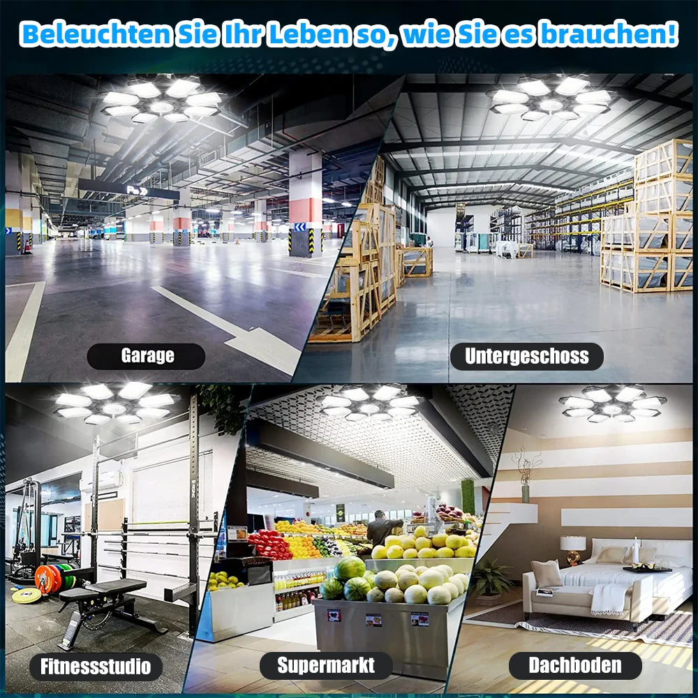 200W Powerful Garage Light LED Foldable LED Bulbs E27 Adjustable Multi Panel Ceiling Lamp For Workshop Warehouse Lighting