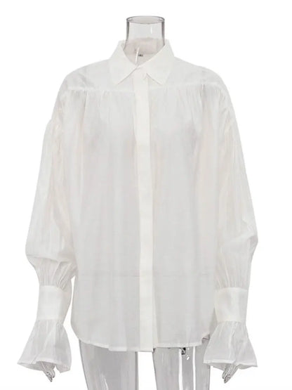 Tossy Casual Loose See-Through Shirts Women's Autumn Lapel Long Sleeve Patchwork Blouse Top Streetwear Female Solid Shirts Top - Smarsty
