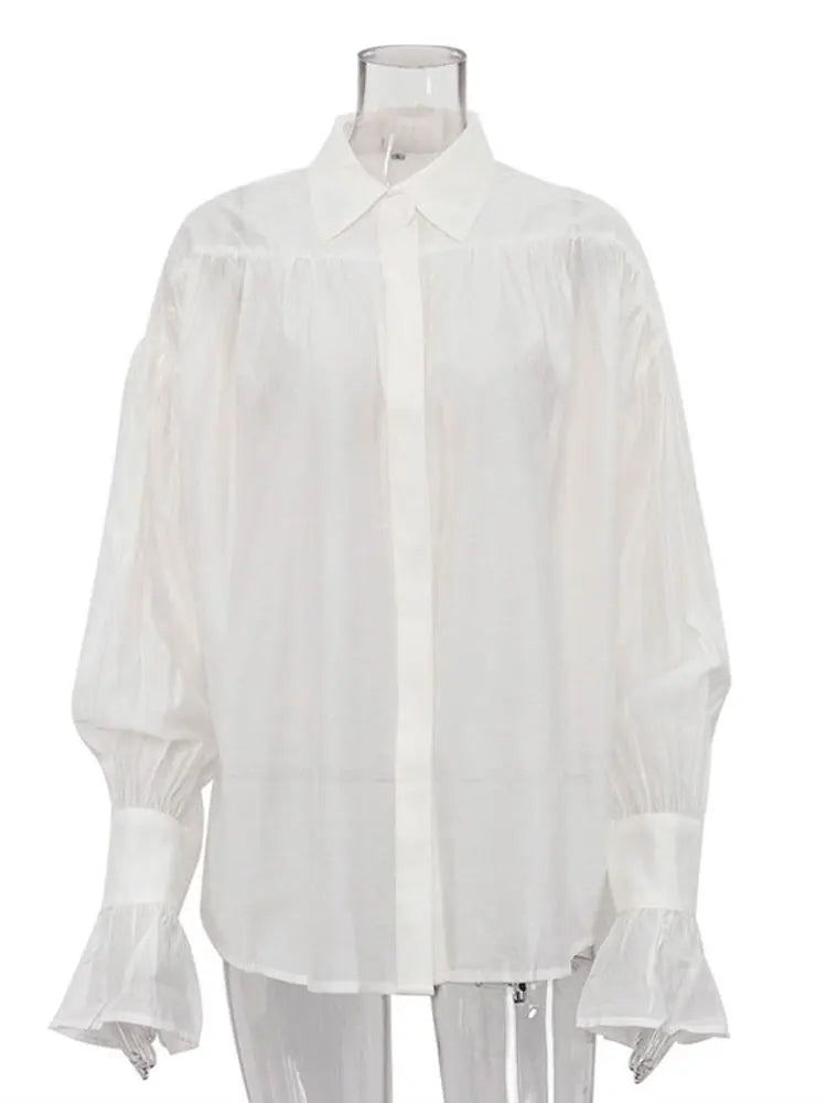 Tossy Casual Loose See-Through Shirts Women's Autumn Lapel Long Sleeve Patchwork Blouse Top Streetwear Female Solid Shirts Top - Smarsty