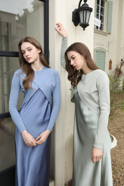 AS 2025 spring summer elegance satin dress + knitted top match set maxi floor length woman clothes - Smarsty