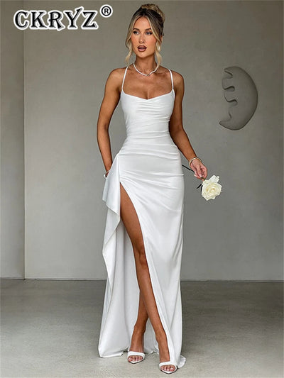 Ladies Summer Satin Fashion Evening Party Dress Women Sleeveless Backless Side Slit Long Dress Birthday Clubwear Woman Clothes - Smarsty