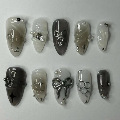 24 Piece Pink Almond Fake Nail Set With Bowknot Design - Smarsty