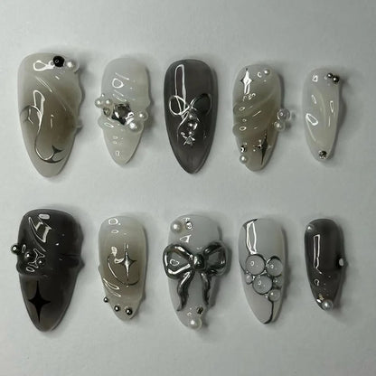 24 Piece Pink Almond Fake Nail Set With Bowknot Design - Smarsty