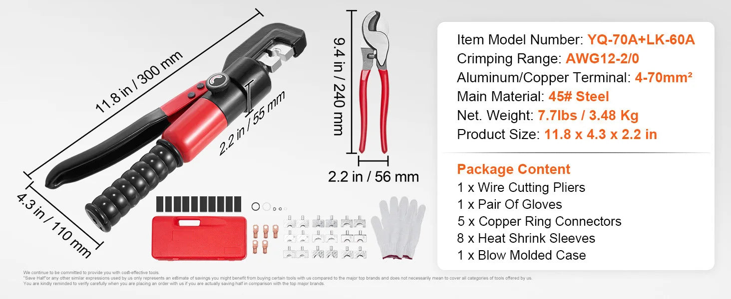 SucceBuy AWG12-2/0 Crimping Tool Copper And Aluminum Terminal Battery Lug Hydraulic Crimper,with a Cutting Pliers, Gloves