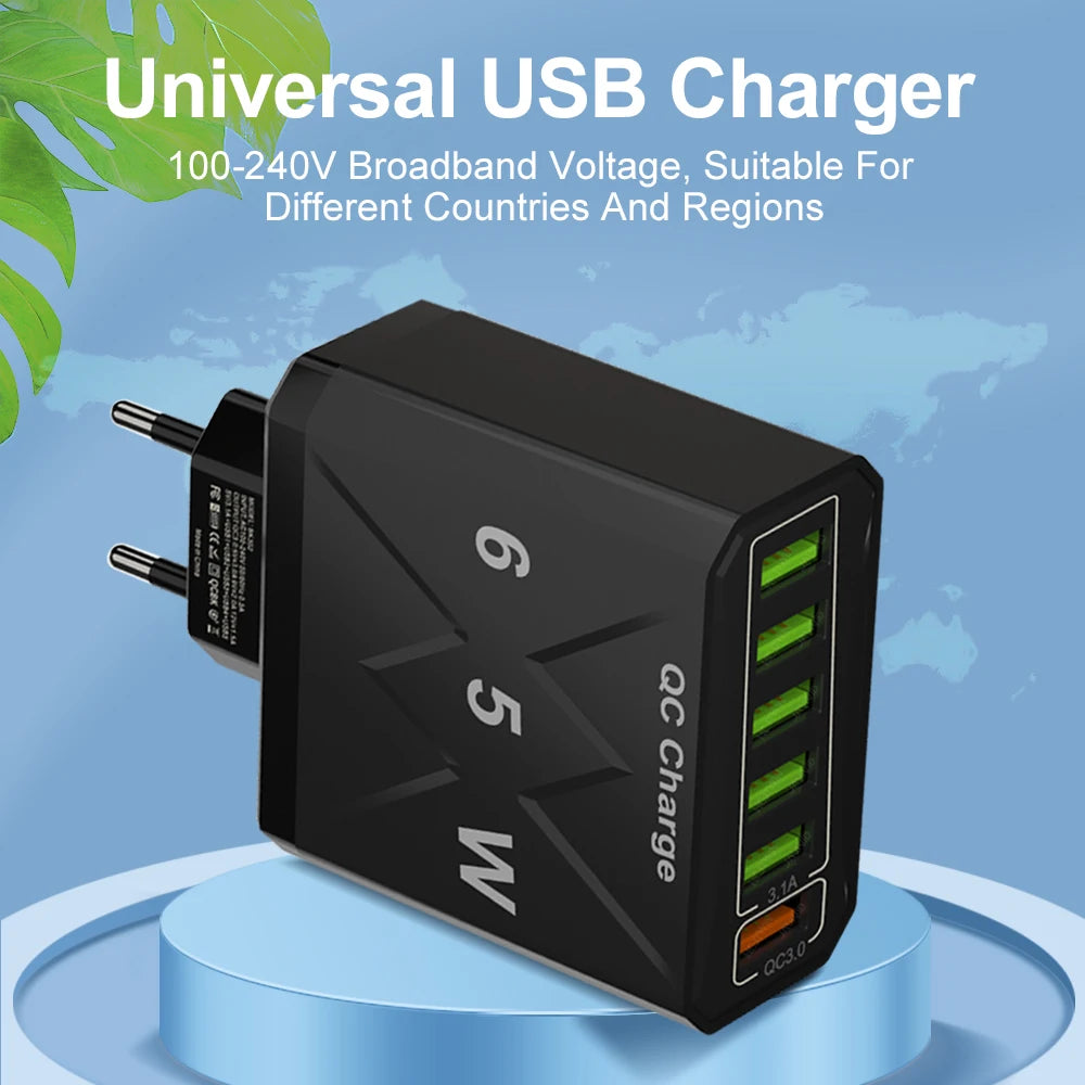 65W 6 Port USB Charger Fast USB QC3.0 Travel Adapter - Smarsty