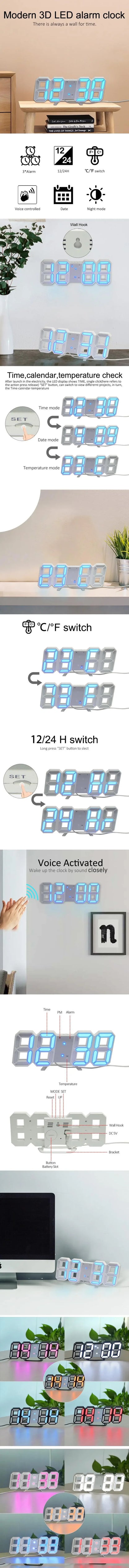3D LED Digital Alarm Clock with Date and Temperature - Smarsty