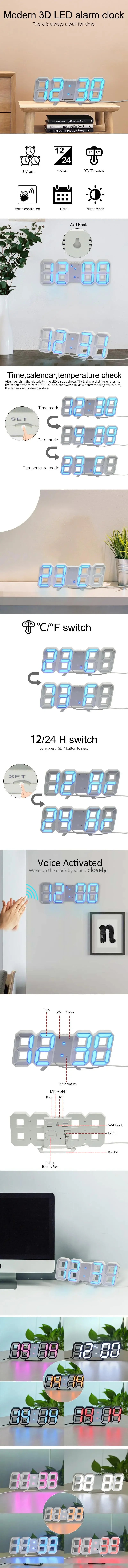 3D LED Digital Alarm Clock with Date and Temperature - Smarsty