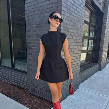 2025 Women‘s Sexy Slim Fit Hollow Mini Dress Spring New Y2K Sleeveless A- LINE Black Dress High Street Commute Elegant Dresses - Smarsty