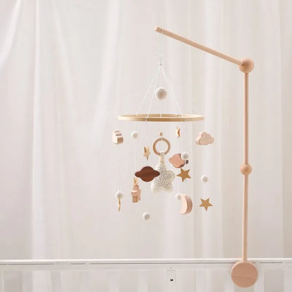 Baby Crib Mobile Bed Bell Rattle Toys Wooden Crochet Stars Pendant Bed Bell Toys Newborn Comfort Crib Bracket Hanging Toys Gifts