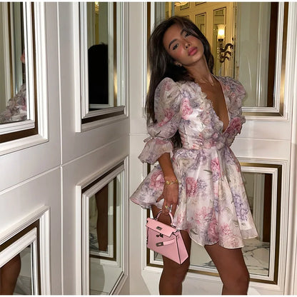 Sexy Flare Sleeve V Neck Printed Mini Dress Fashion Pleated A-line High Waist Gown New Lady Summer Evening Party Club Vestidos