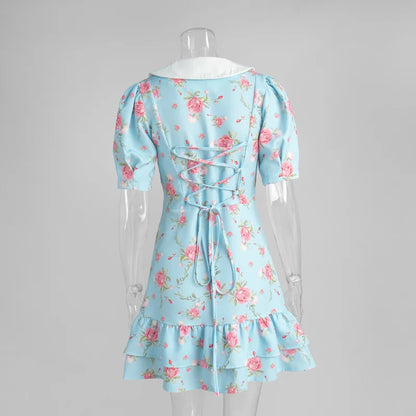 Sweet Floral Printed Ruffle Hem Dress Chic A-line Lapel Puff Sleeve Dresses For Women 2025 Summer Lady Holiday Street Gowns New
