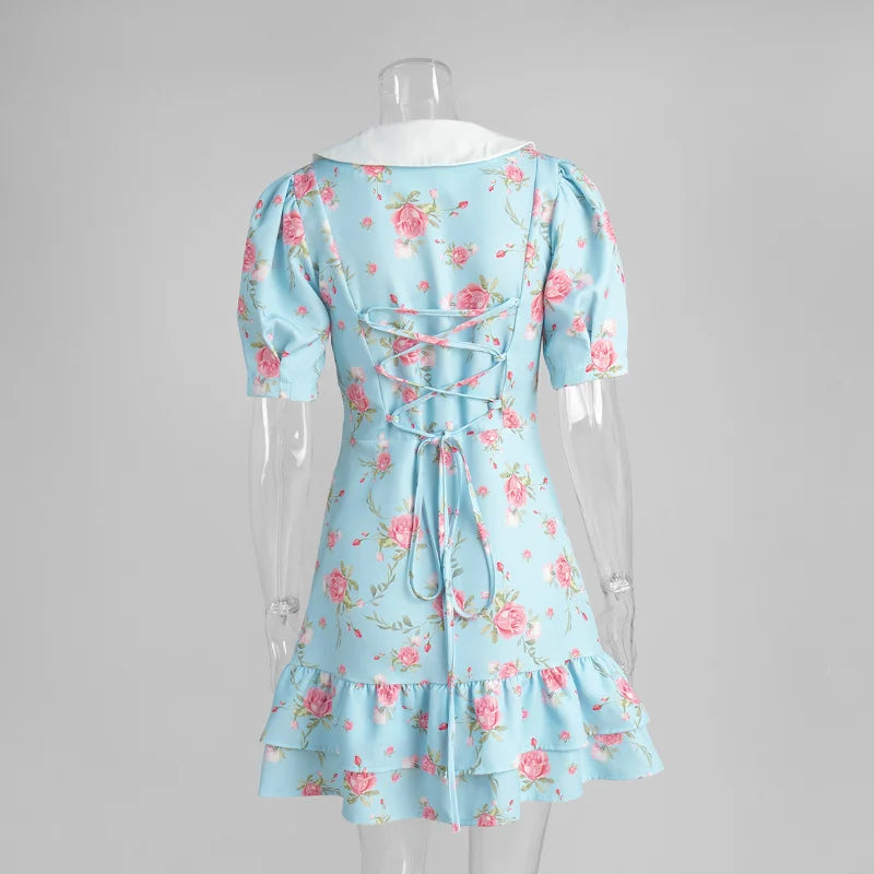 Sweet Floral Printed Ruffle Hem Dress Chic A-line Lapel Puff Sleeve Dresses For Women 2025 Summer Lady Holiday Street Gowns New