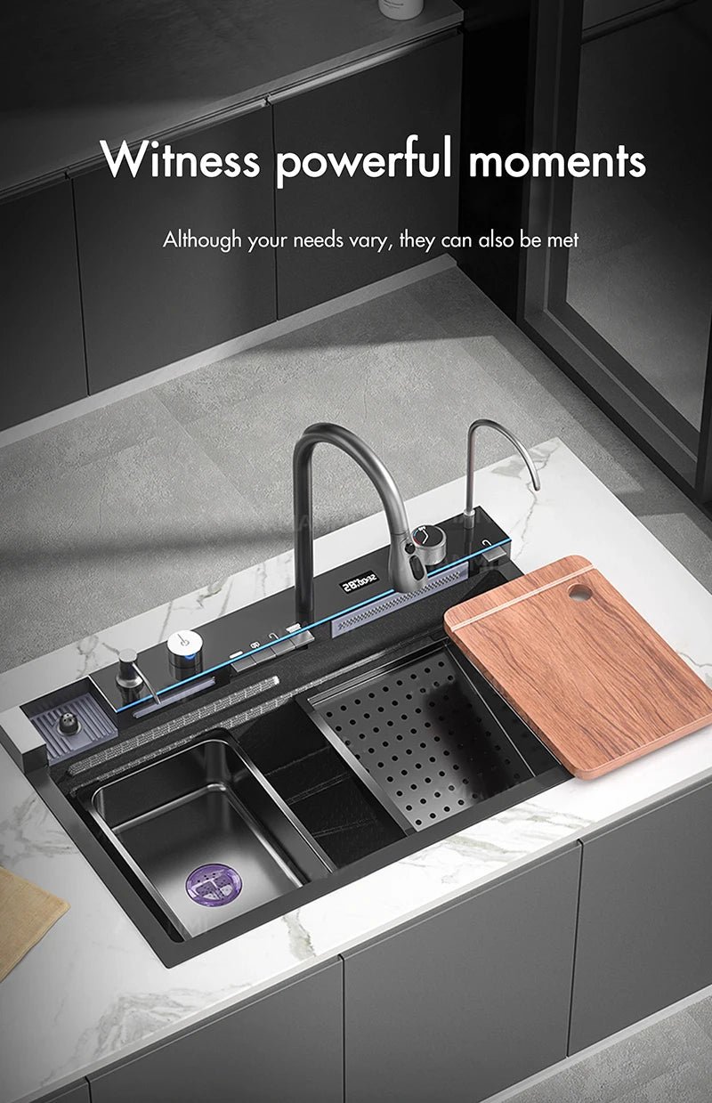 Large Stainless Steel Kitchen Sink with Digital Faucet Display - Smarsty