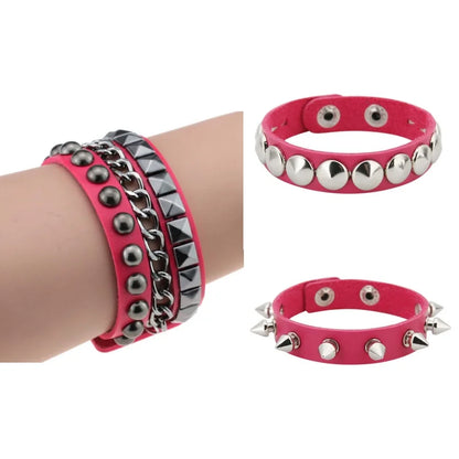 Black Goth Leather Bracelets Set with Spike Rivets - Smarsty