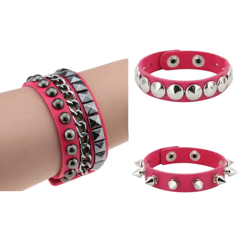 Black Goth Leather Bracelets Set with Spike Rivets - Smarsty