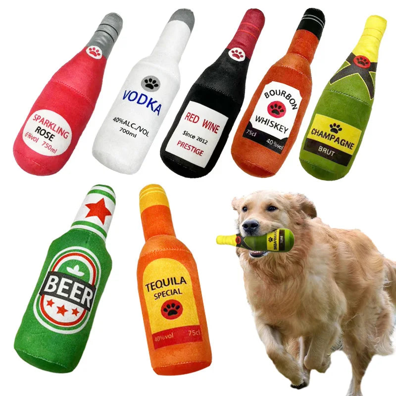 Funny Plush Dog Beer Bottle Squeaky Chew Toy - Smarsty