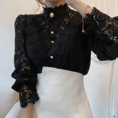 2025 French Style Spring Women Blouse Office Lady Flower Blouse Hollow Out Lace Stand Collar Button Shirt Female Clothing 12419 - Smarsty