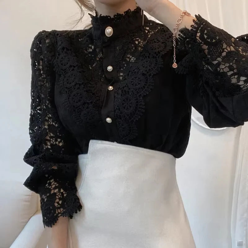 2025 French Style Spring Women Blouse Office Lady Flower Blouse Hollow Out Lace Stand Collar Button Shirt Female Clothing 12419 - Smarsty