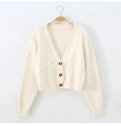 V Neck Cropped Cardigan Women Long Sleeve Twist Knitted Sweater Coats Autumn Winter Keep Warm Korean Fashion Jacket Cardigan - Smarsty