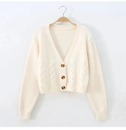 V Neck Cropped Cardigan Women Long Sleeve Twist Knitted Sweater Coats Autumn Winter Keep Warm Korean Fashion Jacket Cardigan - Smarsty