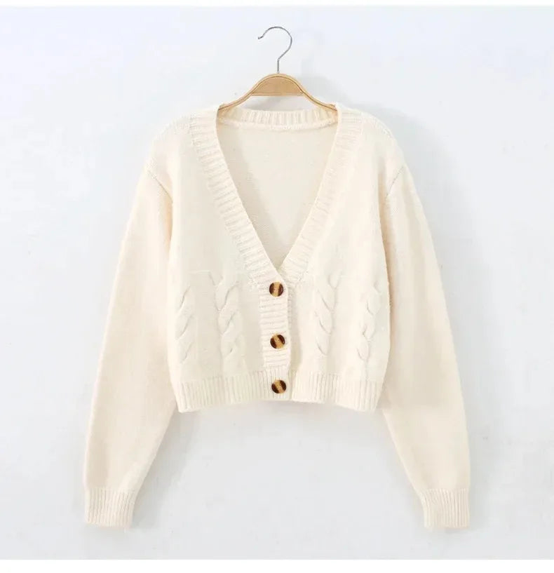 V Neck Cropped Cardigan Women Long Sleeve Twist Knitted Sweater Coats Autumn Winter Keep Warm Korean Fashion Jacket Cardigan - Smarsty