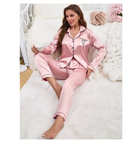 Autumn Satin Pajama for Women Heart-shaped Embroidery Sleepwear & Loungewear Long Sleeve Top & Pants Home Clothes Pyjama 2 Piece - Smarsty