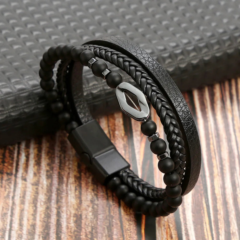 Men Leather Bracelet with Tiger Eye Beads Stylish Gift - Smarsty