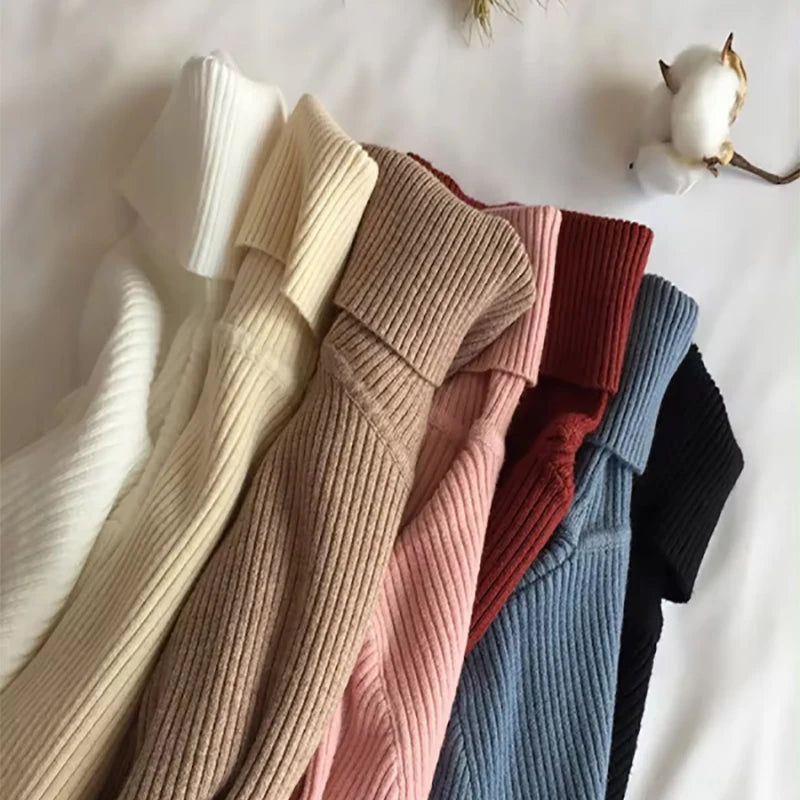 2024 Autumn Winter Thick Sweater Women Knitted Ribbed Pullover Sweater Long Sleeve Turtleneck Slim Jumper Soft Warm Pull Femme - Smarsty