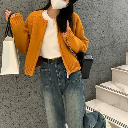 Autumn Winter Short Knitting Cardigan Women Solid Color Long Sleeve Round Neck Sweater Jacket 2025 Casual Zipper Sweater Coats - Smarsty