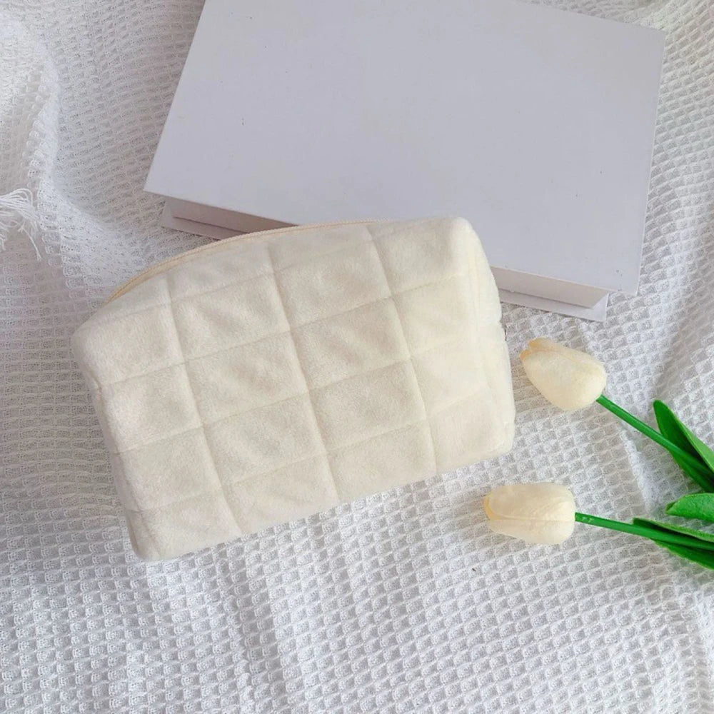 Cute Plush Makeup Bag for Women Portable Travel Small Cosmetic Bags Solid Color Zipper Toiletry Bag Washing Pouch Storage Bags - Smarsty