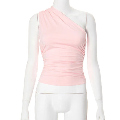 Solid Color One Shoulder Backless Shrink Tank Top T-Shirt Candy Color Tight Sexy Sleeveless Neckless Slim Casaul Top - Smarsty