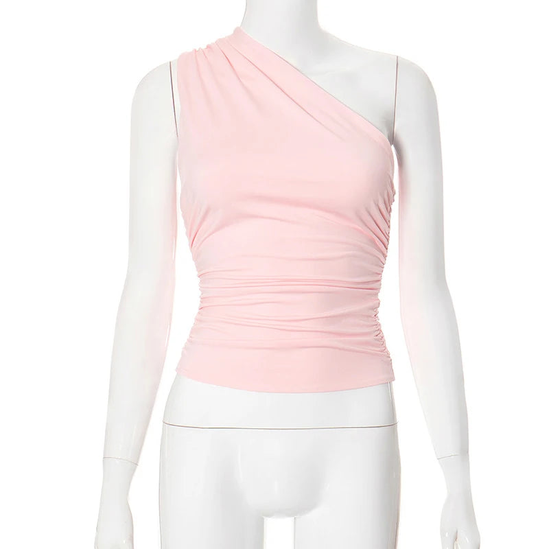 Solid Color One Shoulder Backless Shrink Tank Top T-Shirt Candy Color Tight Sexy Sleeveless Neckless Slim Casaul Top