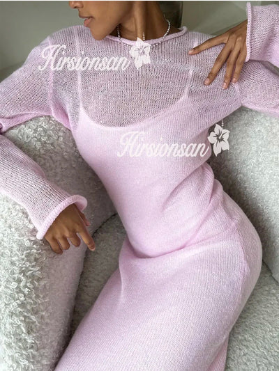 Hirsionsan Spring Autumn O-Neck Elastic Knit Long Dresses Women 2024 Elegant Chic Soft Lady Hollowing Sweater Dresses Femme New - Smarsty