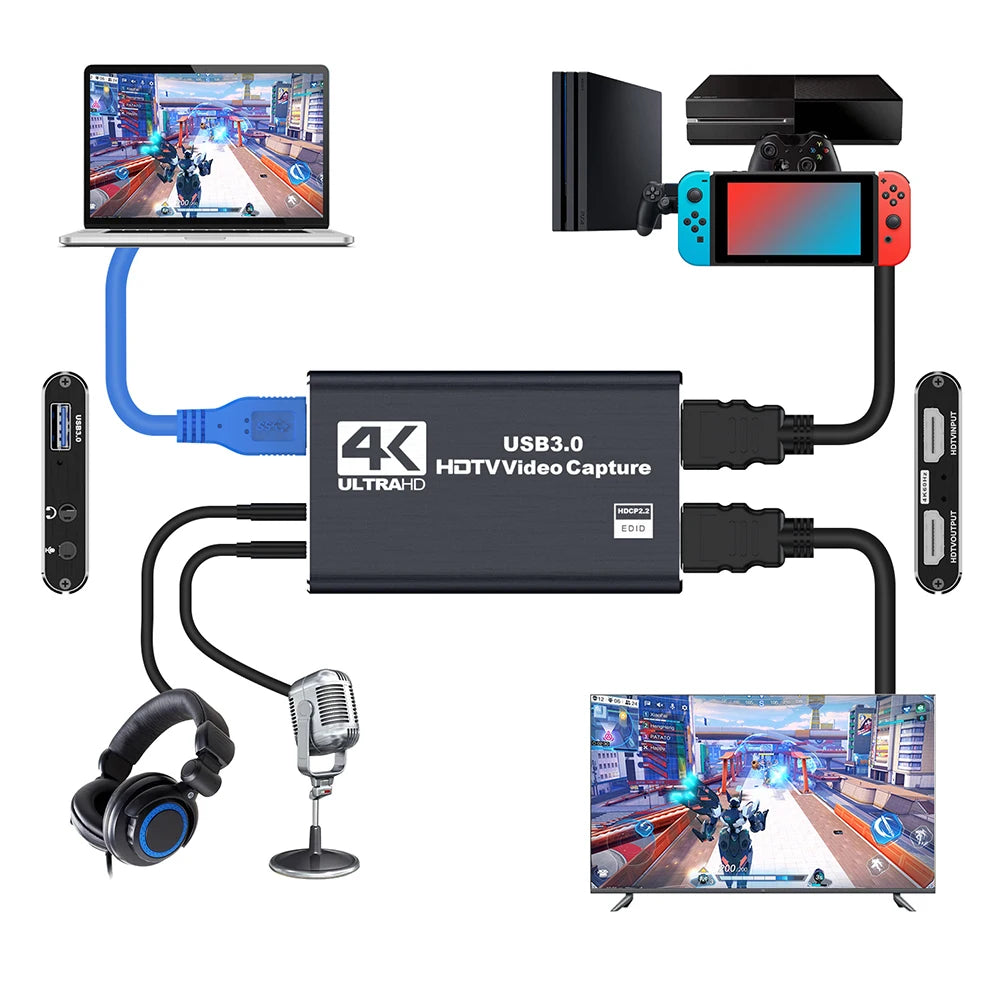 4K USB 3.0 Video Capture Card 1080P 60Hz HD HDMI-compatible Video Recorder Grabber For PS4 Switch Game Recording Live Streaming
