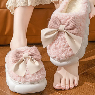Winter Warm Fur Slippers for Women Cute bow House Non Slip Soft Shoes Comfort Flat Heel Home Indoor Bedroom Plush Slippers - Smarsty