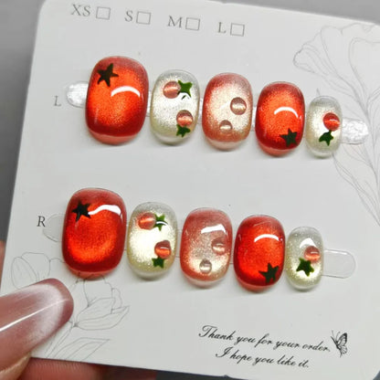 10Pcs Handmade French Almond Press On Nails with Cherries Design - Smarsty