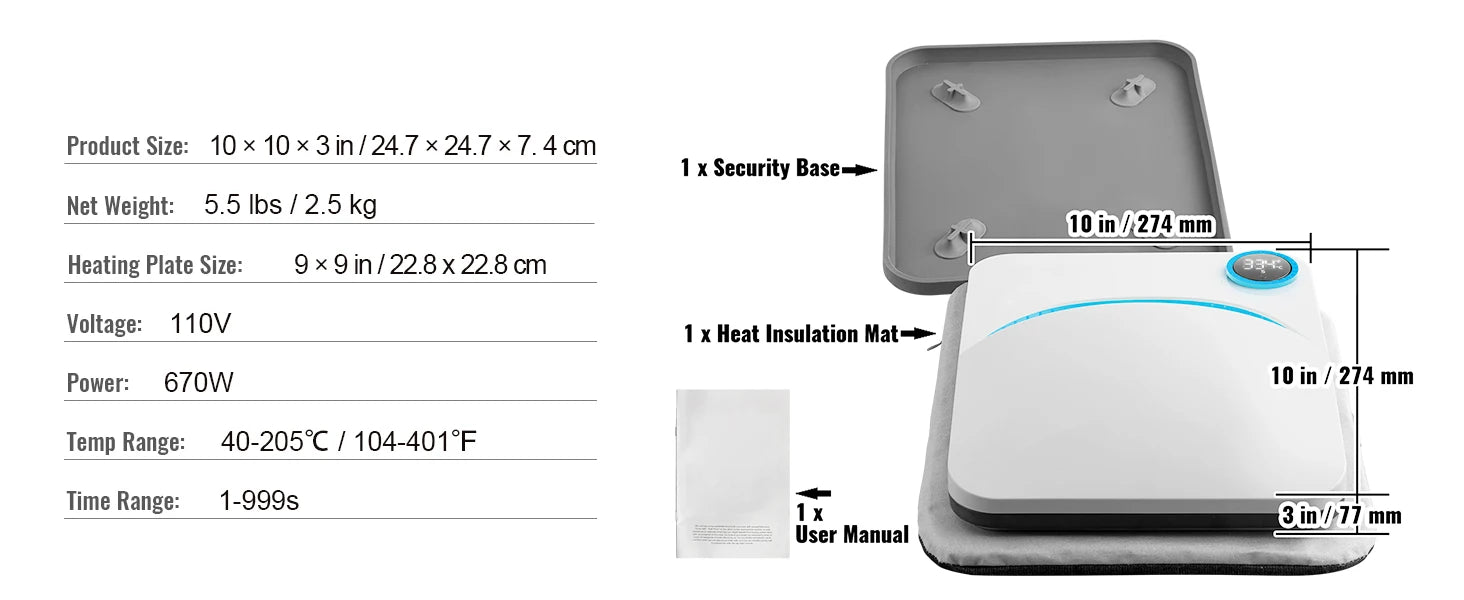 SucceBuy 9x9/12x10 in Portable Heat Press Machine DIY Shirt Printing Multifunctional Sublimation Transfer HTV Vinyl T-shirt Bag - Smarsty